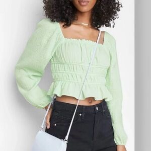 Wild Fable Mint Light Green Smocked Women's Top Long Sleeve Cropped Size XL